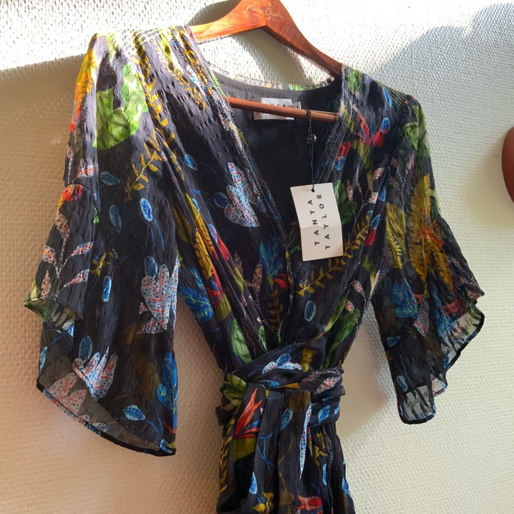 Tanya Taylor Silk Floral Wrap Dress, Black base, Size 4
